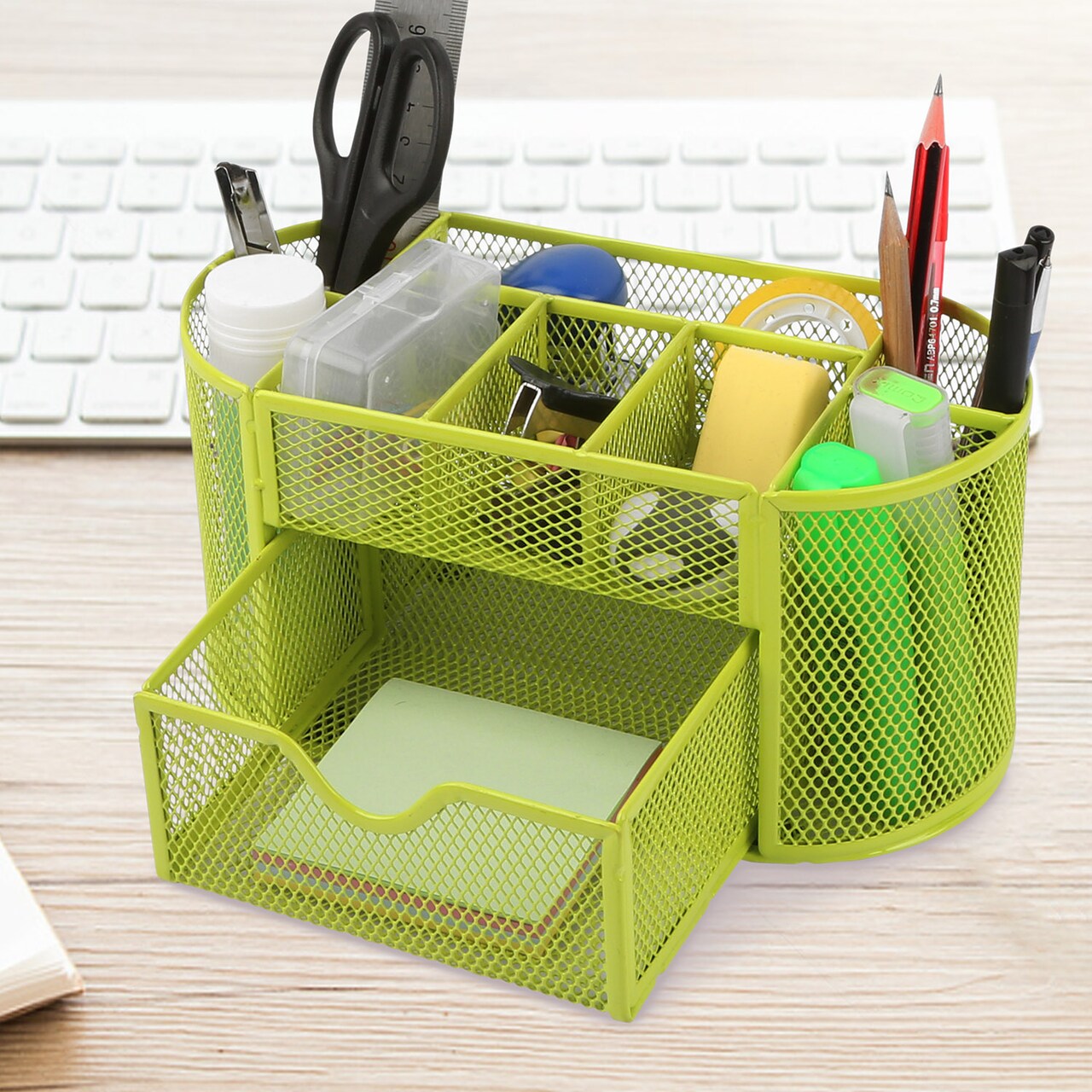 Metal Mesh Pencil Holder Desk Organizer 9 Compartments Hot Pink Portable Storage